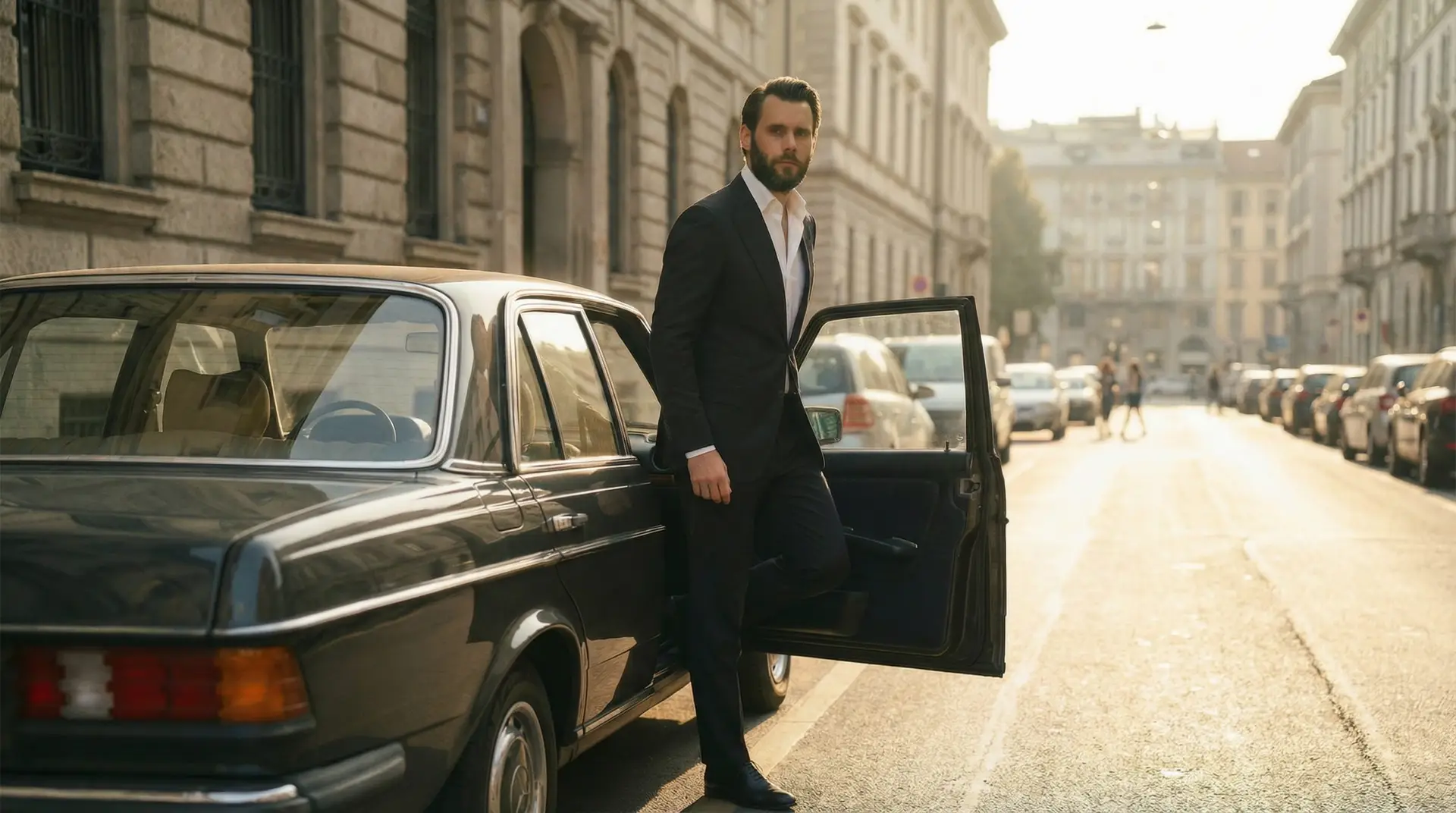 Gentleman in a dark suit stepping out of a vintage Mercedes on a sunlit city street