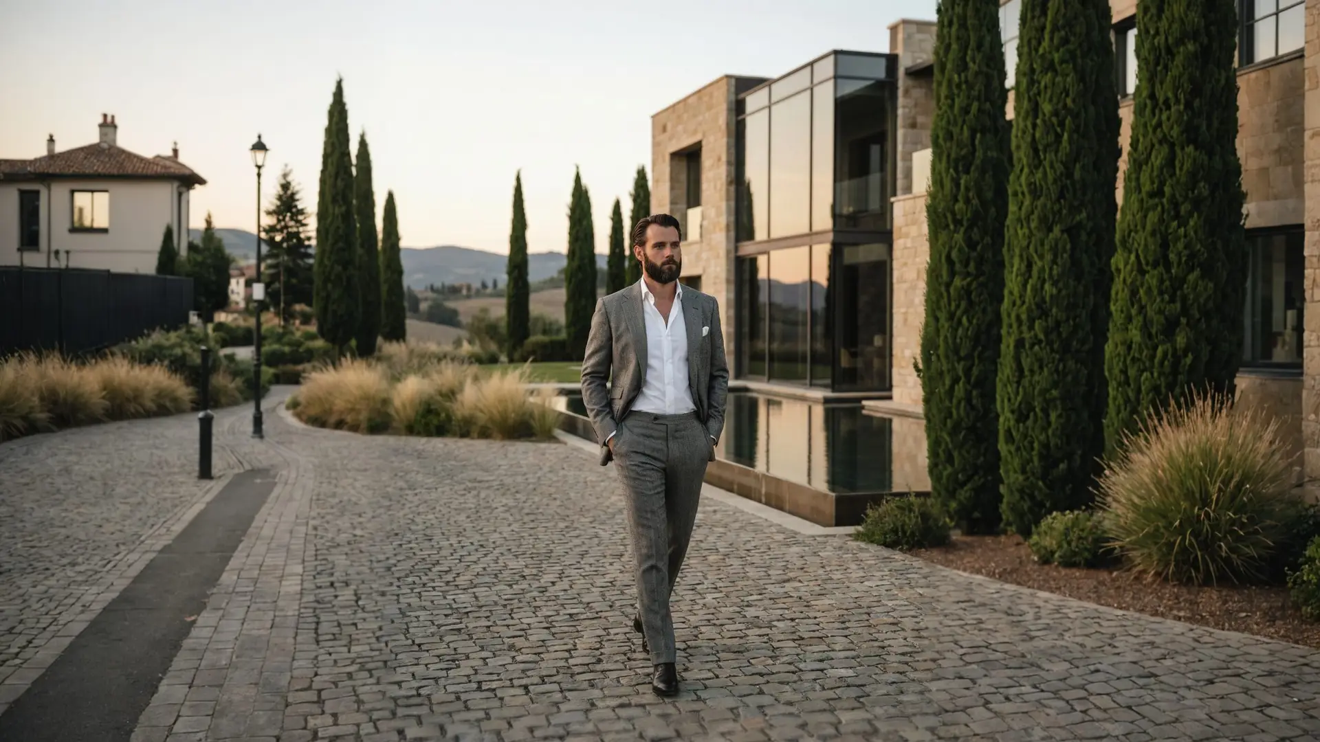 Man in a light grey suit walking along a cypress-lined path